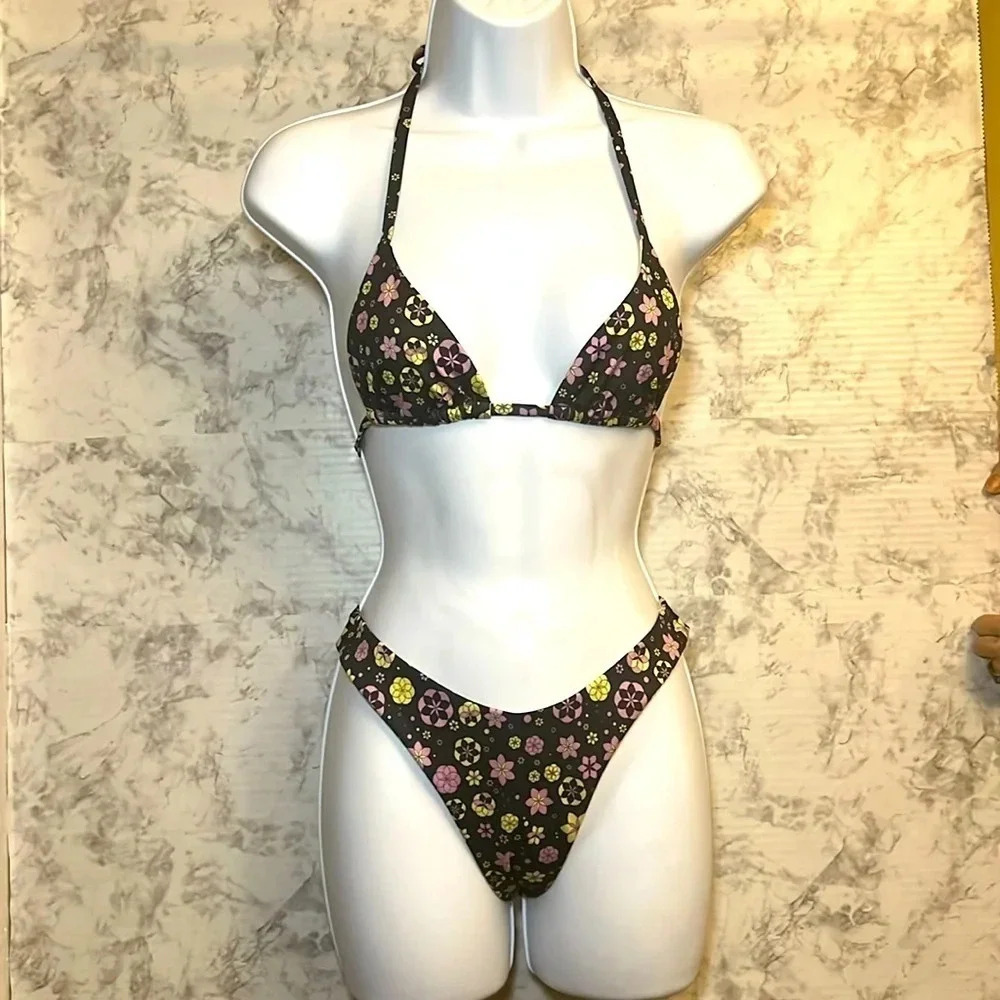 Oceanus Swimwear Triangle Top Bikini Set - Pink Flowers